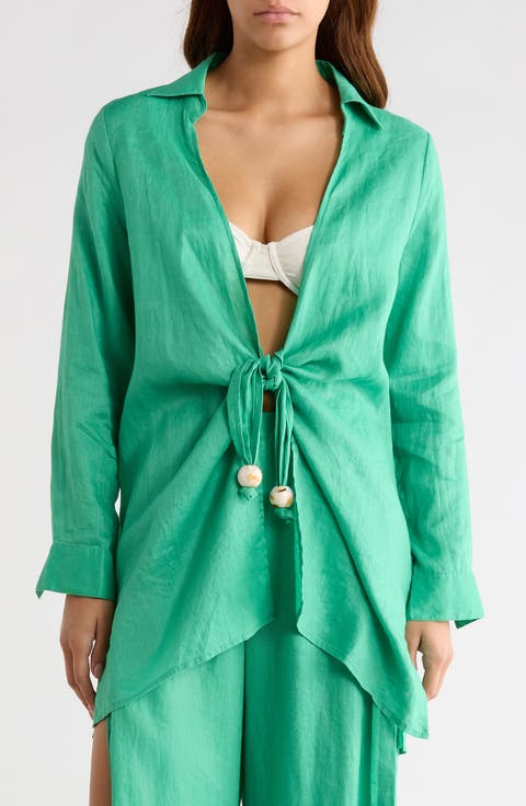 Tie Front Long Sleeve Linen Cover-Up