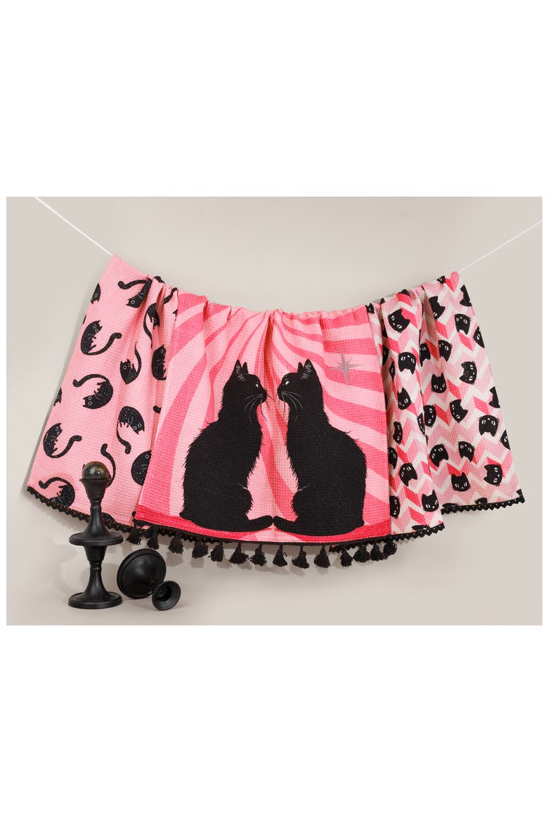 Midnight Feline Set of 3 Cotton Waffle Kitchen Towels, Alternate, color, BUBBLEGUM PINK/ BLACK