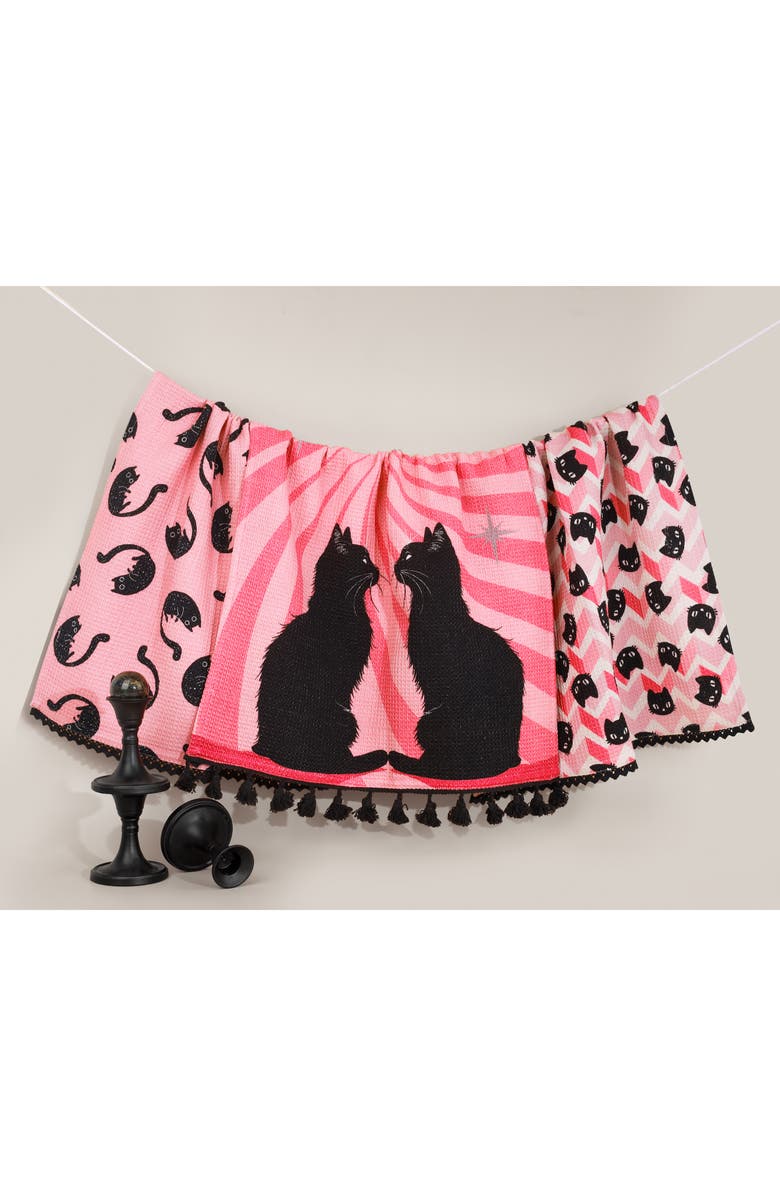 Tiramisu Midnight Feline Set of 3 Cotton Waffle Kitchen Towels, Alternate, color, Bubblegum Pink/ Black