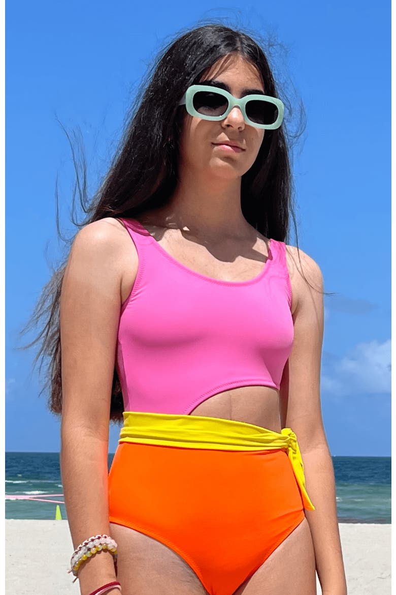 Kids' Cut-Out Yellow Belt Pop - One Piece Girl Swimsuit, Alternate, color, Pink-Orange