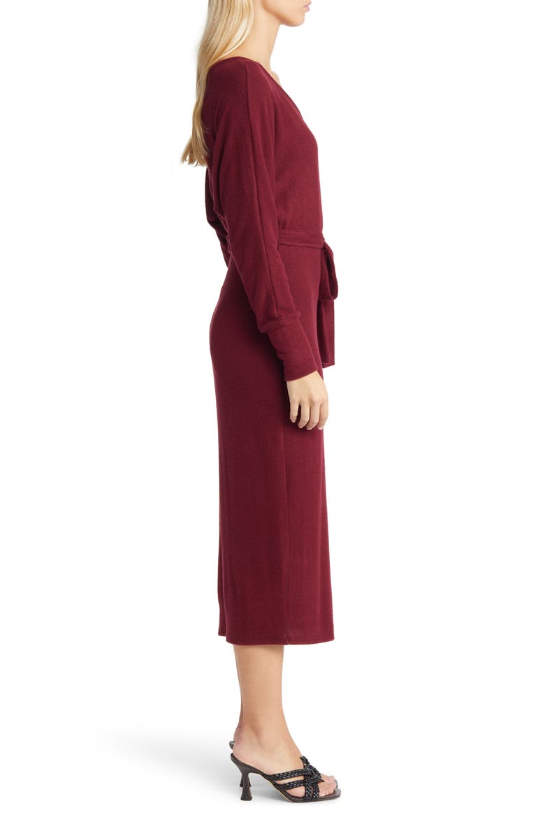 Long Sleeve Faux Wrap Midi Dress, Alternate, color, BURGUNDY