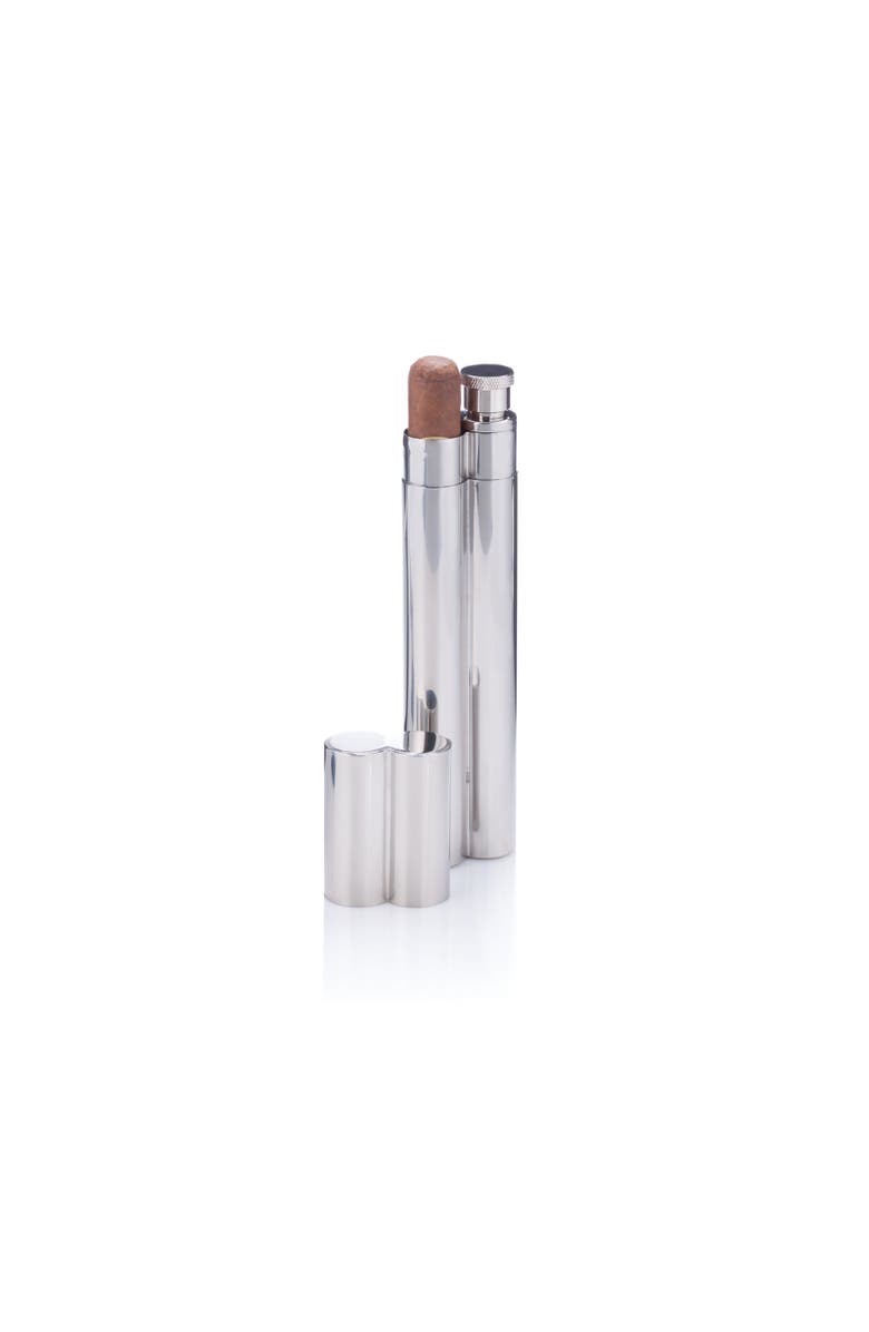 Viski Cigar Holder and Flask in Stainless Steel, Main, color, Silver
