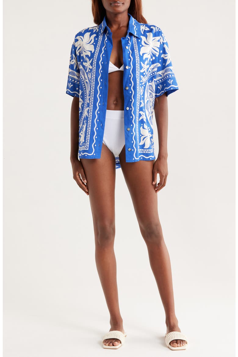 Ocean Oversize Linen Blend Cover-Up Button-Up Shirt, Main, color, BLUE