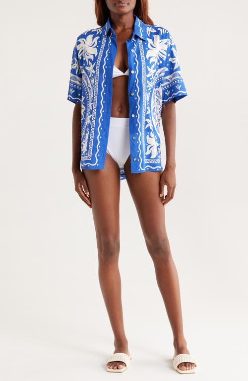 Farm Rio Ocean Oversize Linen Blend Cover-up Button-up Shirt In Blue