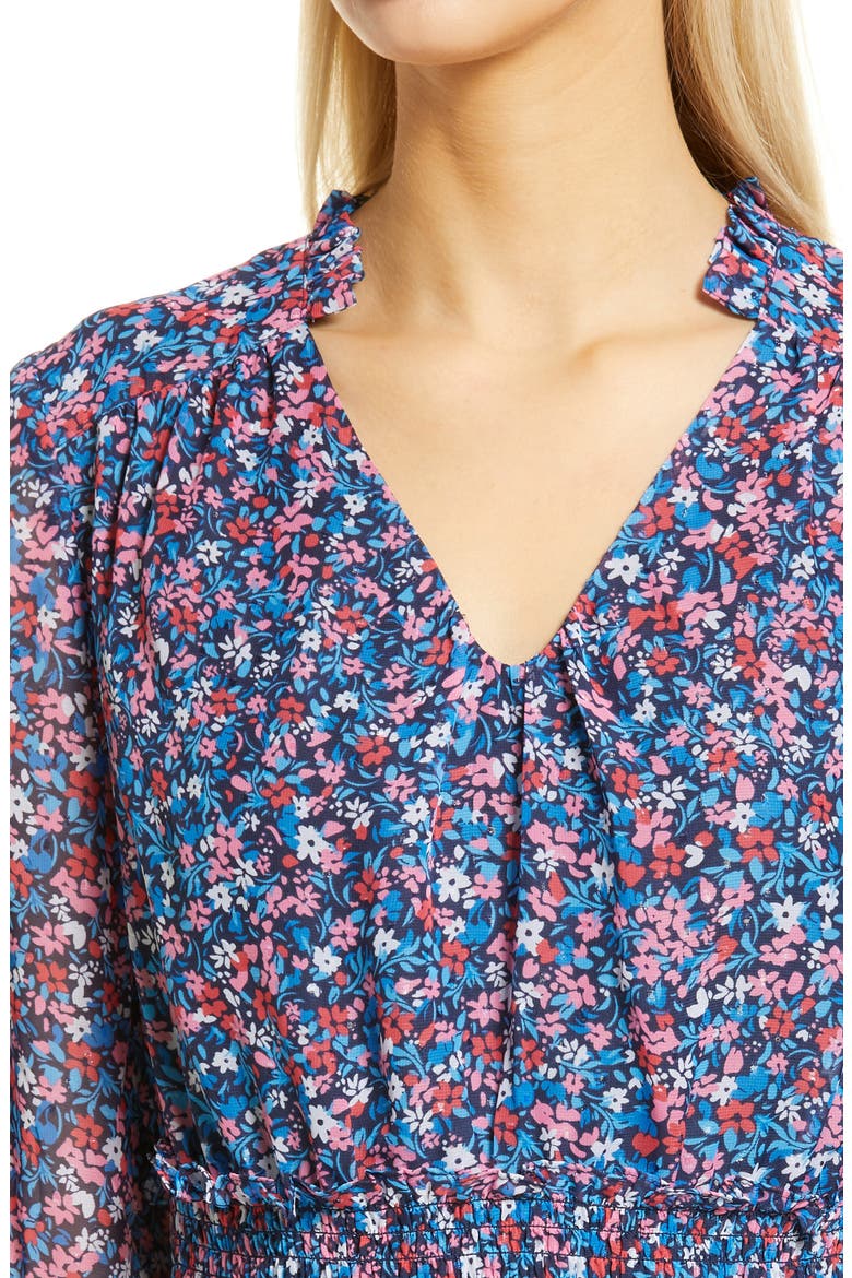 Floral Print Smocked Waist Long Sleeve Minidress, Alternate, color, BLUE MULTI