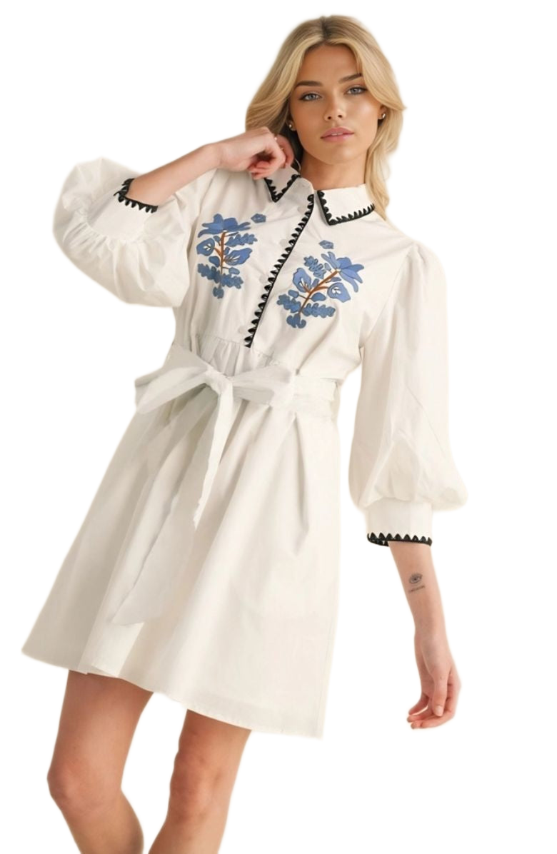 Knit and Lounge Embroidered Belted Tunic Dress, Alternate, color, White / Black Trim