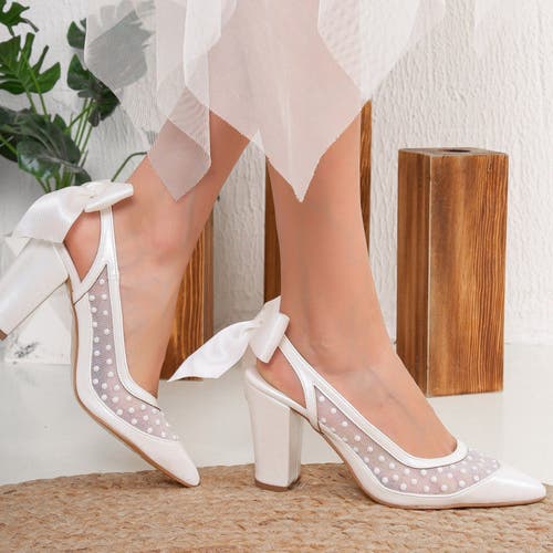 Forever & Always Shoes Fleur Lace Slingback Wedding Heels With Back Bow In Ivory