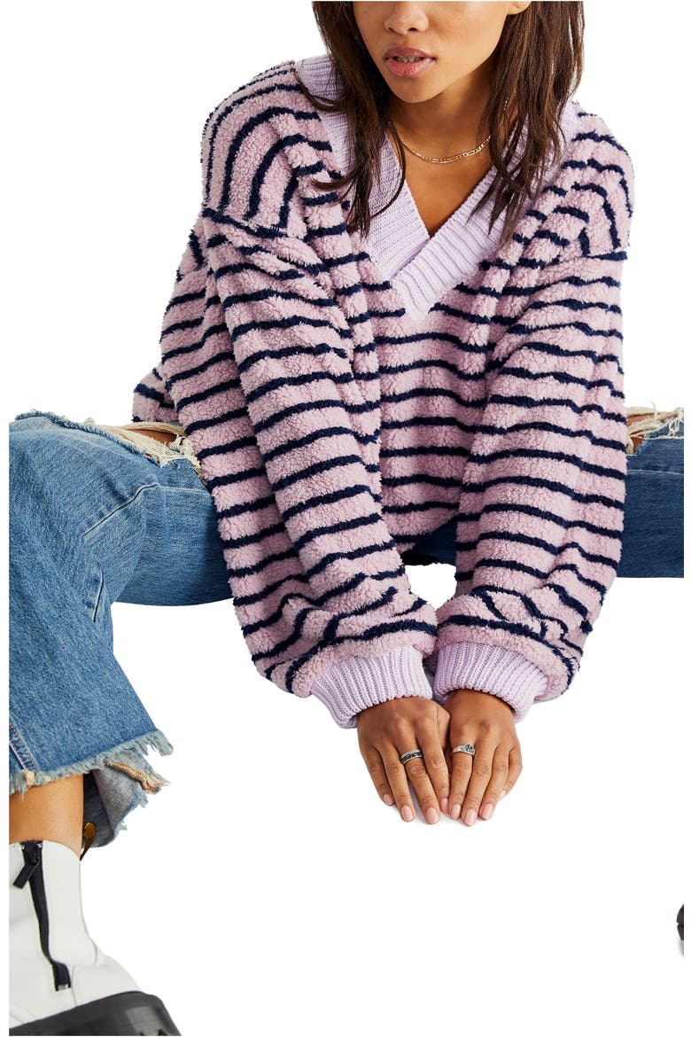 Connell Stripe Faux Fur Top, Alternate, color, NAVY COMBO