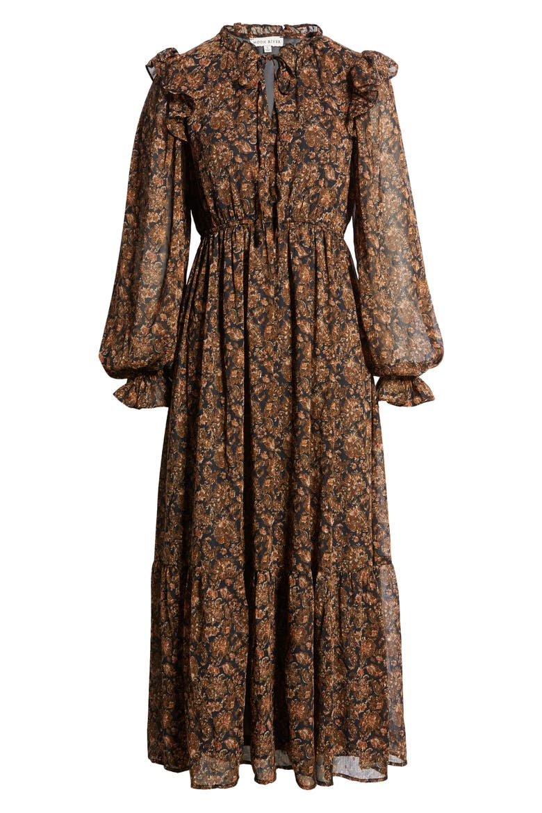 Floral Long Sleeve Dress, Main, color, BLACK/BROWN MULTI
