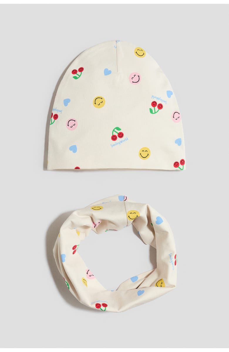 H&M 2-piece Beanie And Tube Scarf Set, Main, color, Cream/Smileyworld®