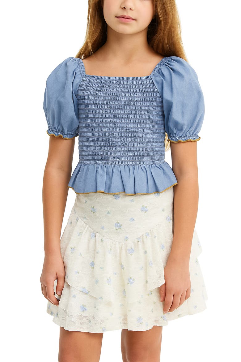 Kids' Smocked Top & Tiered Skirt Set, Alternate, color, BLUE/ IVORY