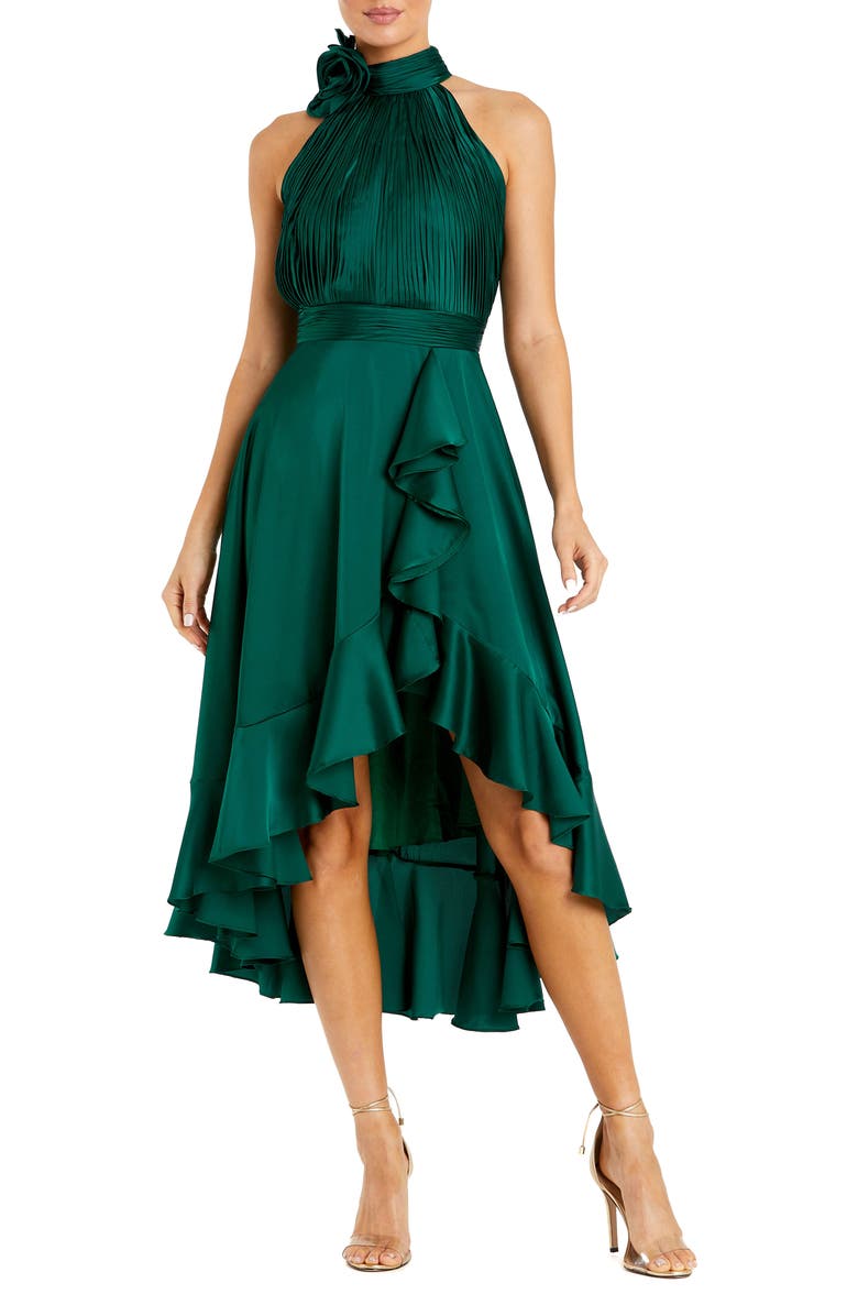 Mac Duggal Halter Neck Flower Detail Ruffled Midi Dress, Main, color, Emerald