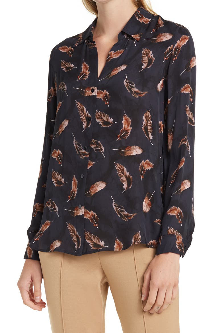 Collared Nina Long Sleeve Blouse, Main, color, MIDNIGHT MULTI FEATHERS