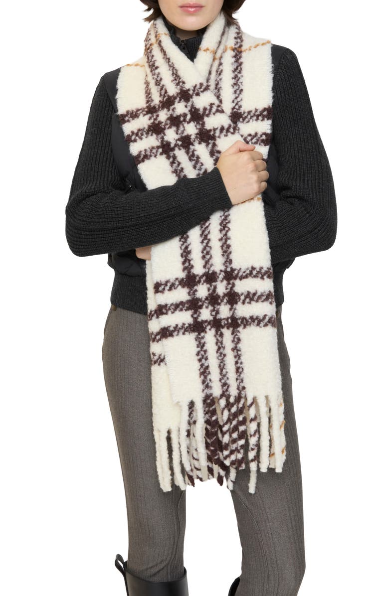 Burberry Check Alpaca & Wool Blend Bouclé Fringe Scarf, Alternate, color, Pebble White