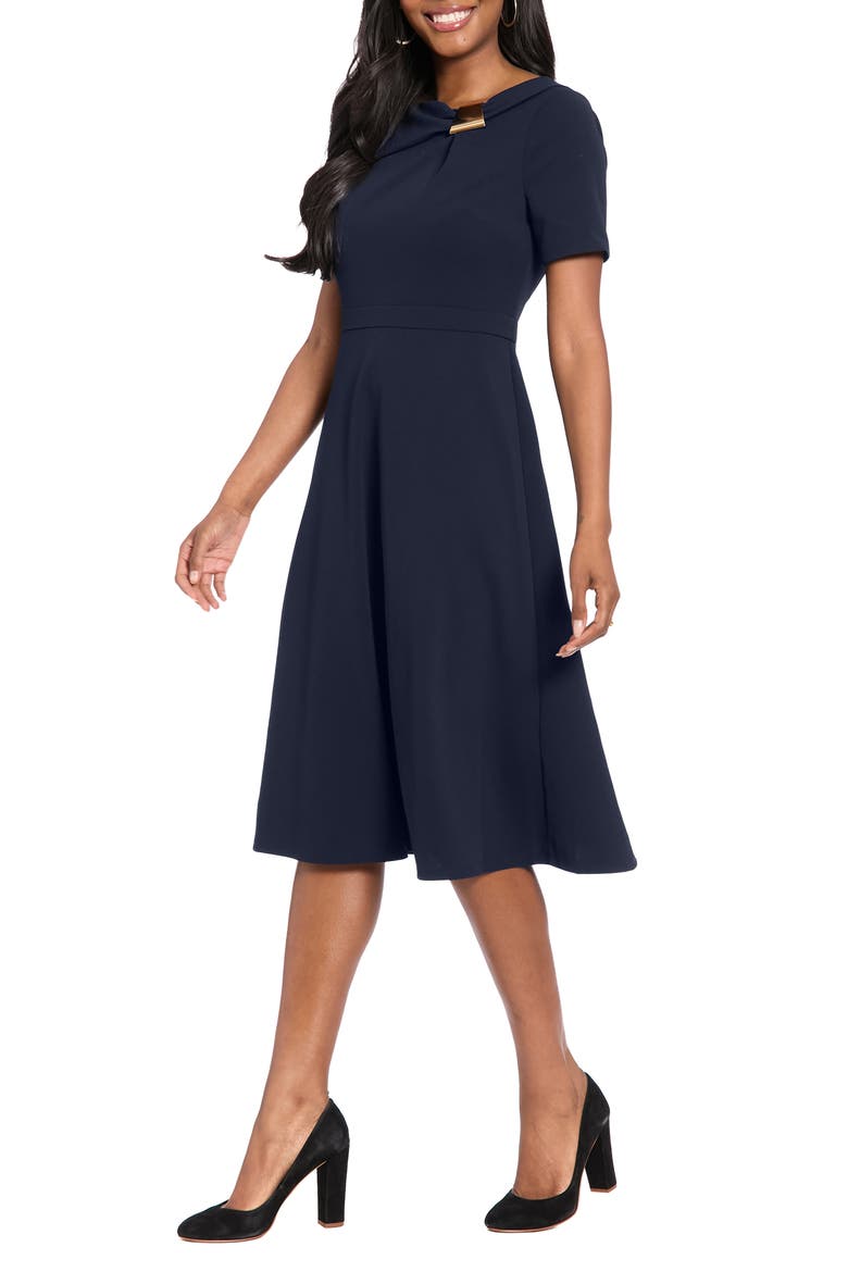 Hardware Detail Short Sleeve Fit & Flare Midi Dress, Alternate, color, NAVY BLAZER