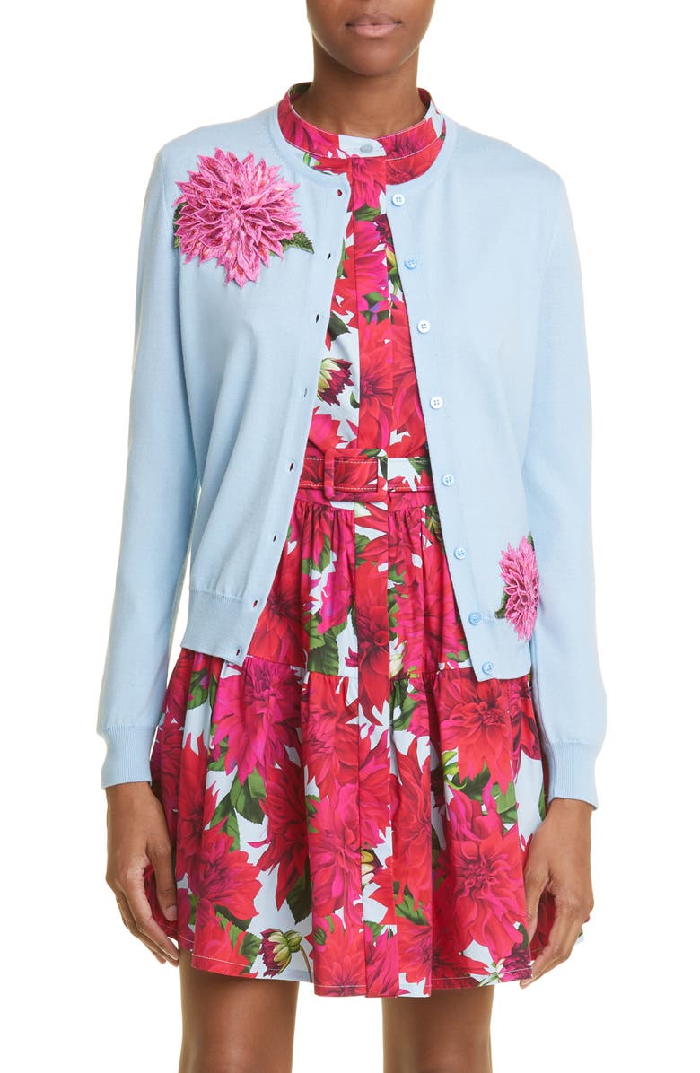 Oscar de la Renta Embroidered Dahlia Virgin Wool Cardigan, Main, color, 