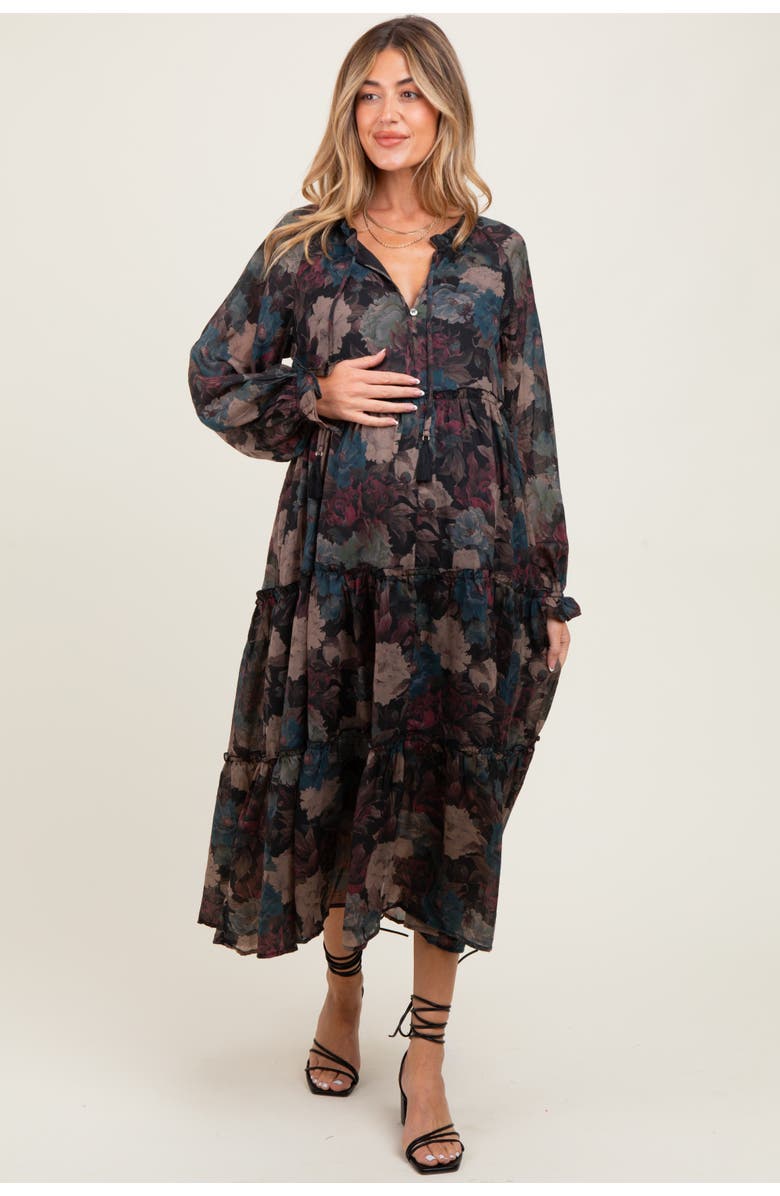 PinkBlush Floral Chiffon Ruffle Tiered Midi Dress, Alternate, color, Black