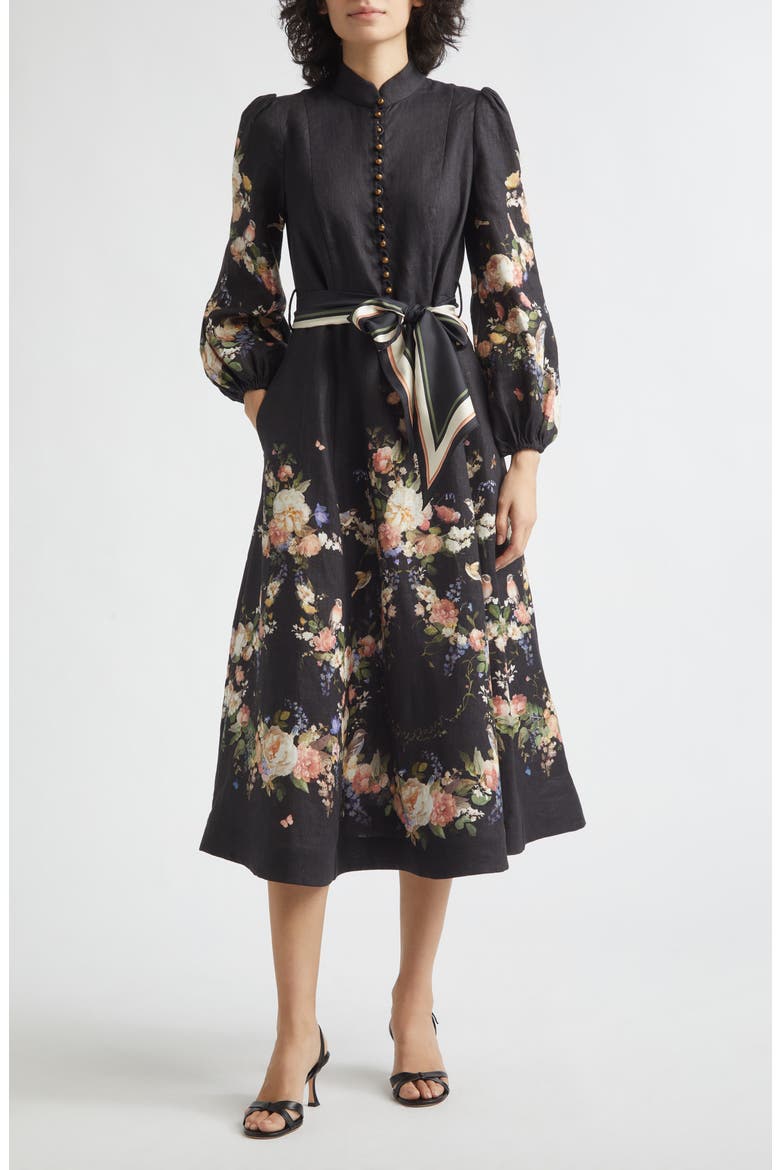 Valiant Floral Long Sleeve Linen Midi Dress, Main, color, BLACK BOUQUET