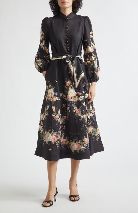 Valiant Floral Long Sleeve Linen Midi Dress