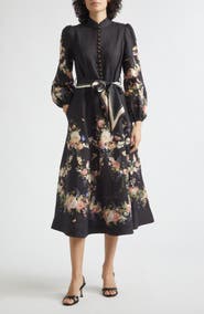 Zimmermann Valiant Floral Long Sleeve Linen Midi Dress