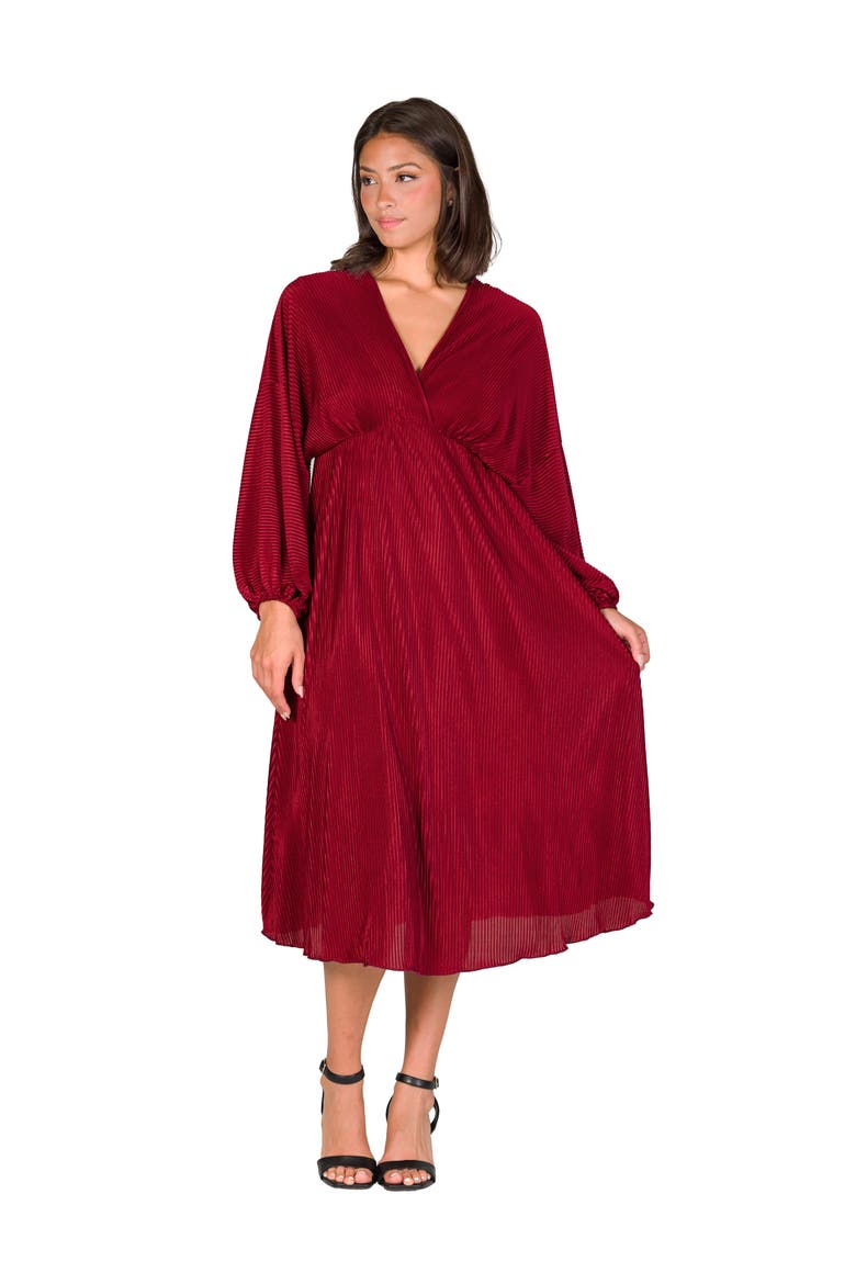 Shimmer Pleated V-neck Empire Waist Bishop Sleeve Midi Dress, Main, color, Wine