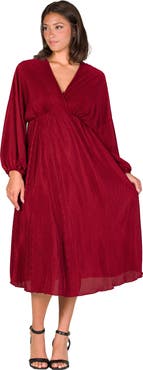 24seven Comfort Apparel Shimmer Pleated V-neck Empire Waist Bishop Sleeve Midi Dress
