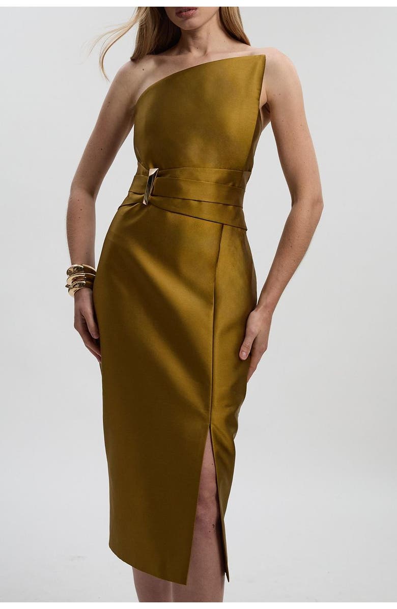 Karen Millen Satin Twill Asymmetric Neck Midi Dress, Alternate, color, Gold