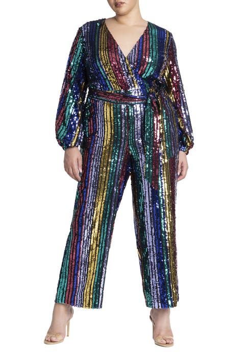 Multicolor Stripe Sequin Jumpsuit (Plus)