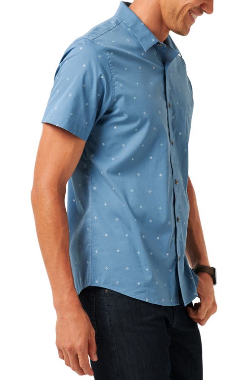 Travismathew Per Aspera Mixed Medallion Short Sleeve Stretch Button-up Shirt In Captains Blue