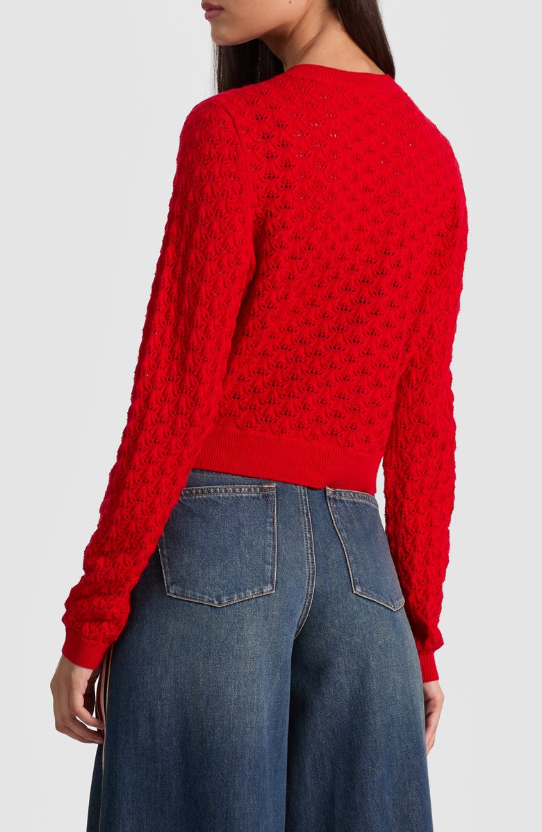 Alice + Olivia Dollie Pointelle Wool Blend Bow Accent Cardigan, Alternate, color, Perfect Ruby