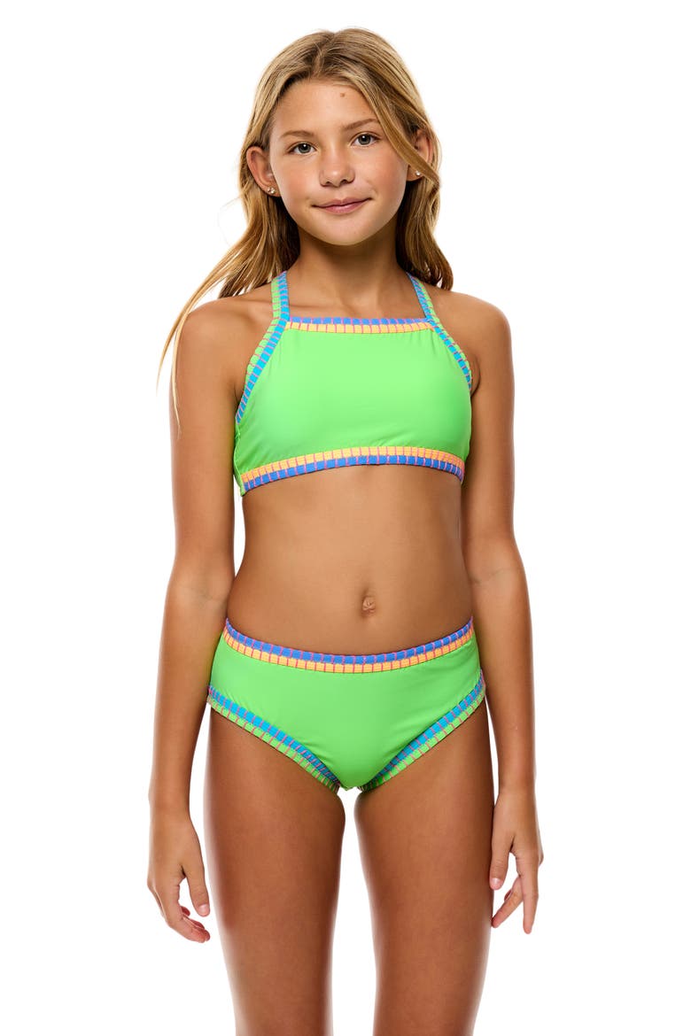 Kids' Cross Back Embroidered Two-Piece Swimsuit, Alternate, color, BIO-LIME