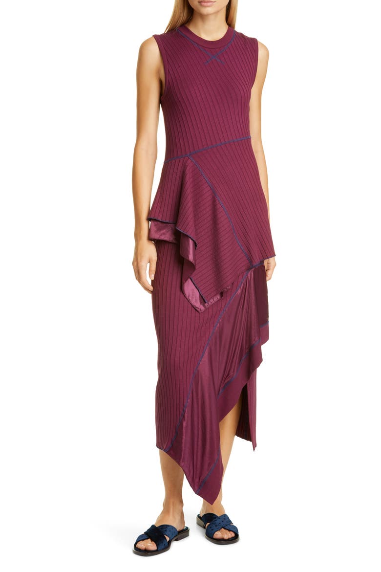 Asymmetrical Peplum Rib Midi Dress, Main, color, SANGRIA