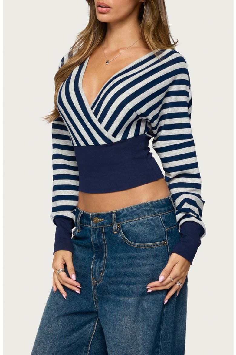 Keeva Striped Surplice Top, Alternate, color, NAVY-AND-GRAY-MELANGE