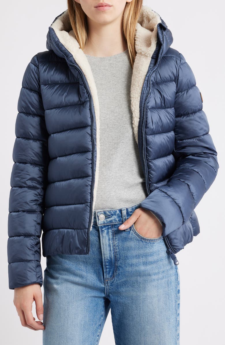 Save The Duck Gretel Faux Shearling Lining Hooded Puffer Jacket, Alternate, color, Night Blue