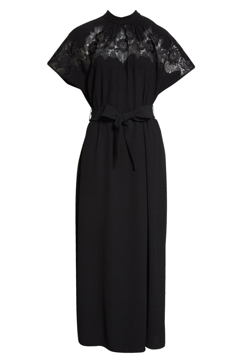 Lace Yoke Blouson Midi Dress, Alternate, color, BLACK