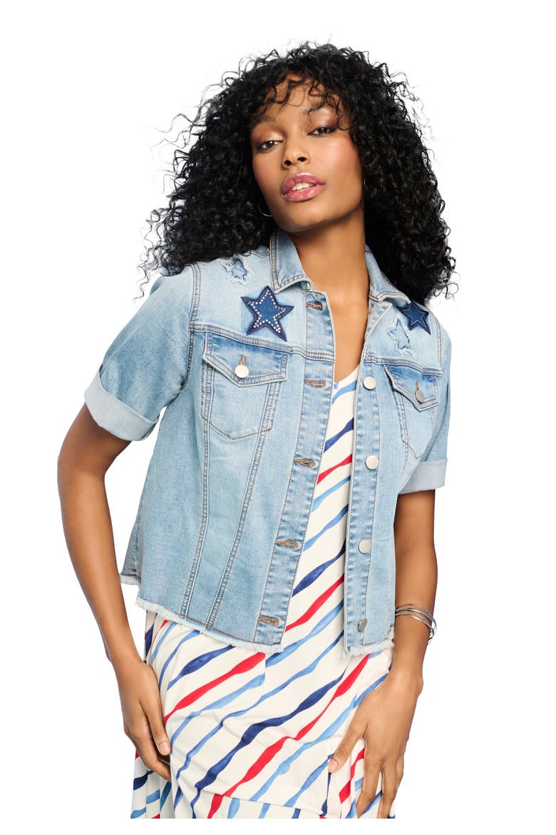 Embellished Short Sleeve Stretch Denim Jacket, Main, color, EMBELLISHED STARS