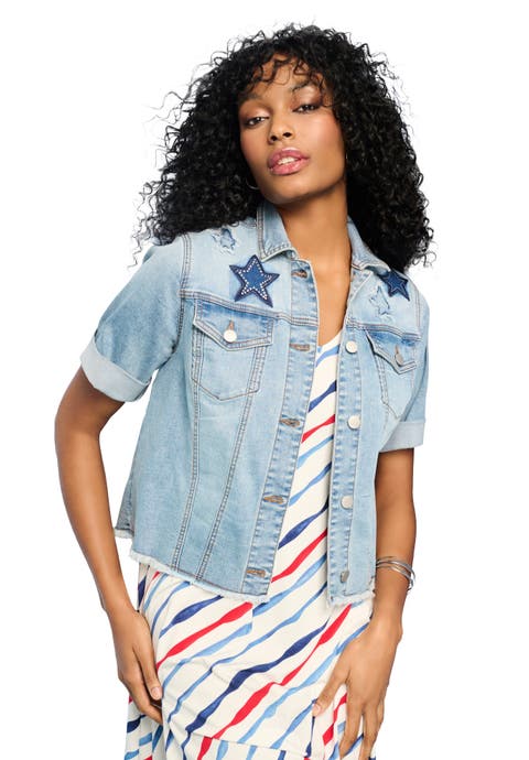 Embellished Short Sleeve Stretch Denim Jacket