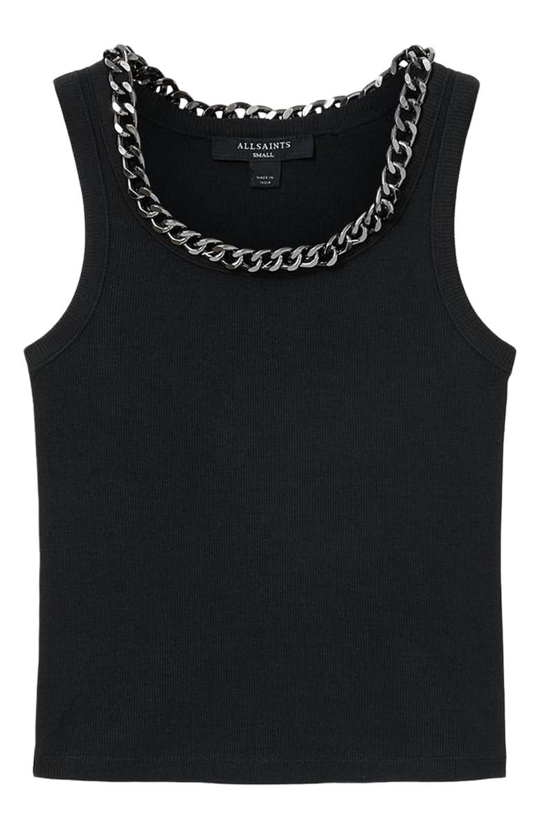 AllSaints Lucy Chain Embellished Rib Knit Cotton Blend Tank, Alternate, color, Black
