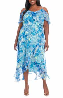 London Times Cold Shoulder Faux Wrap Dress