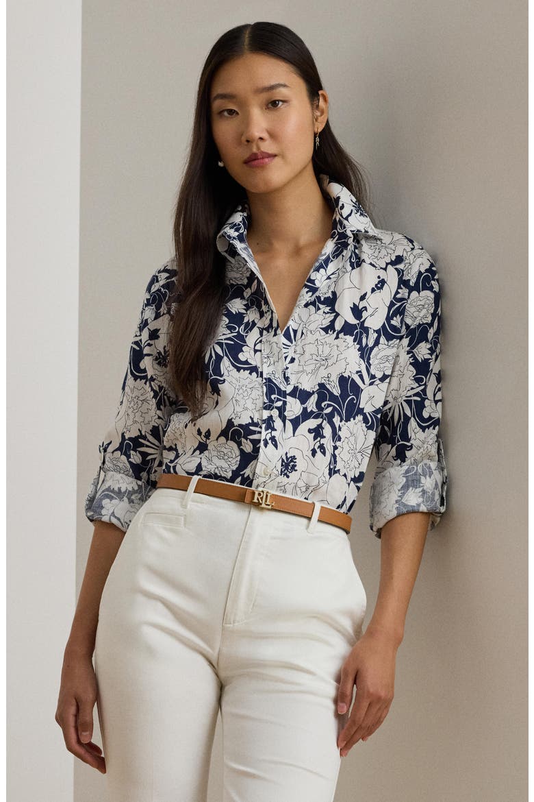 Karrie Floral Linen Button-Up Shirt, Alternate, color, WHITE/ NAVY BLUE