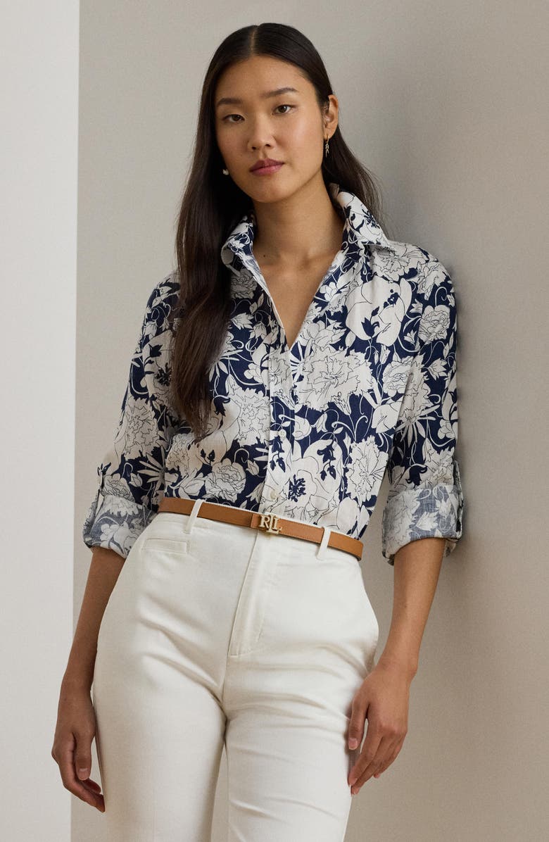 Lauren Ralph Lauren Karrie Floral Linen Button-Up Shirt, Alternate, color, White/ Navy Blue