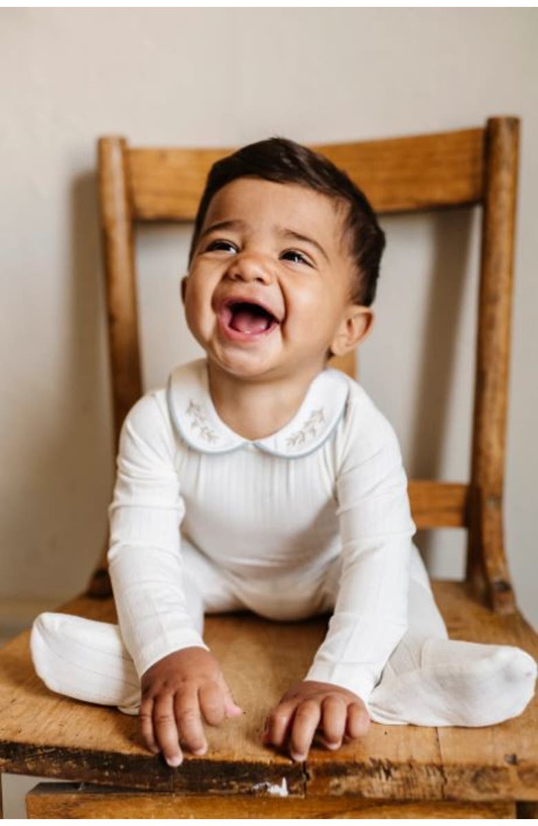 Ely's & Co. Organic Wide Rib Embroidered Scallop Collar Collection - Footie, Alternate, color, Ivory/Blue