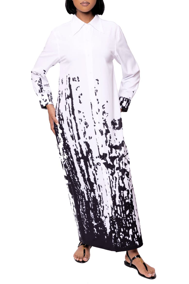 Bali Print Long Sleeve Maxi Shirtdress, Main, color, WHITE