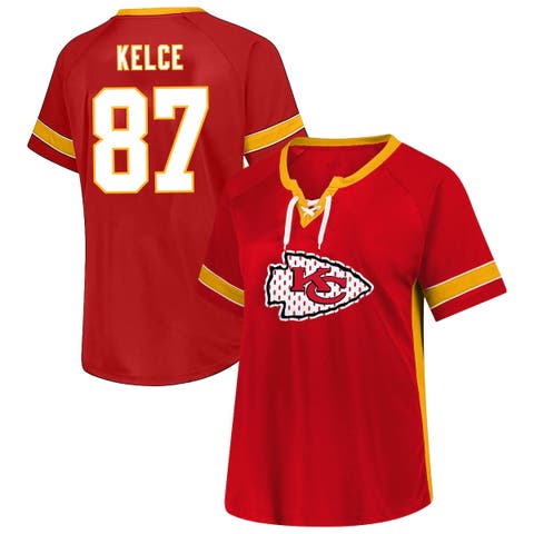 Women's Fanatics Travis Kelce Red Kansas City Chiefs Plus Size Name & Number Lace-Up T-Shirt