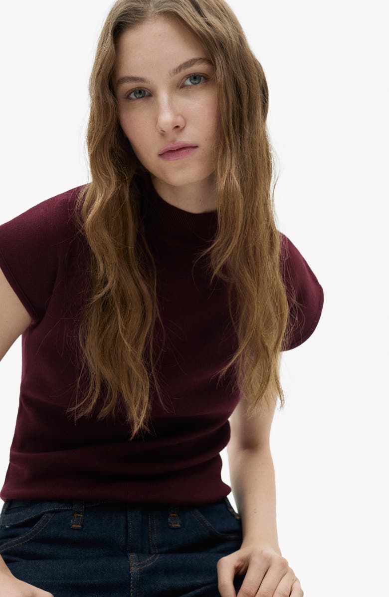 MANGO Perkins Mock Neck Short Sleeve Sweater, Alternate, color, Maroon