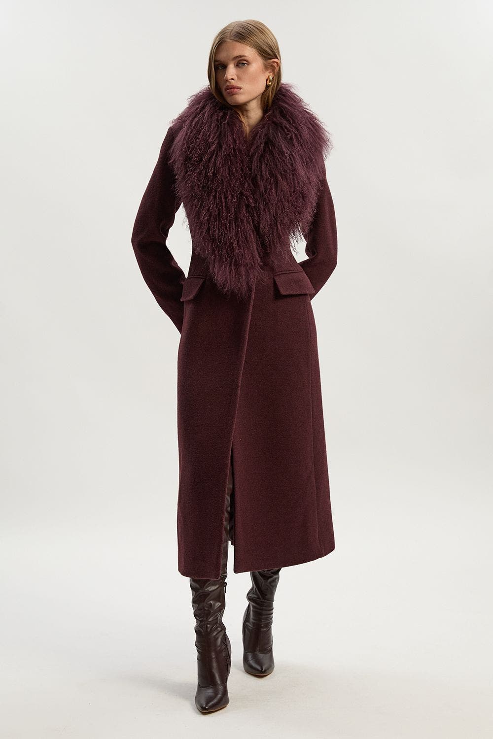 Karen Millen Wool Detachable Collar Midi Coat In Burgundy