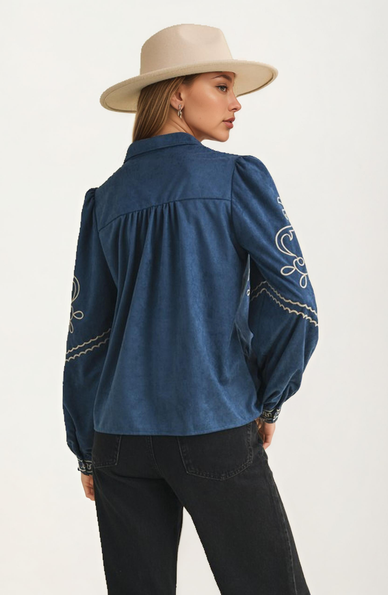 Knit and Lounge Embroidered Denim Button-Down Blouse, Alternate, color, 