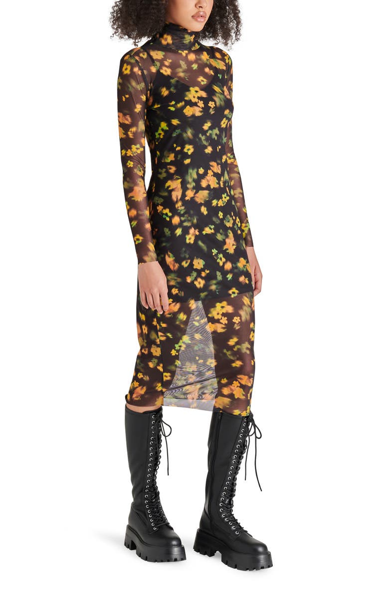 Steve Madden Vivienne Floral Print Turtleneck Mesh Midi Dress, Alternate, color, 