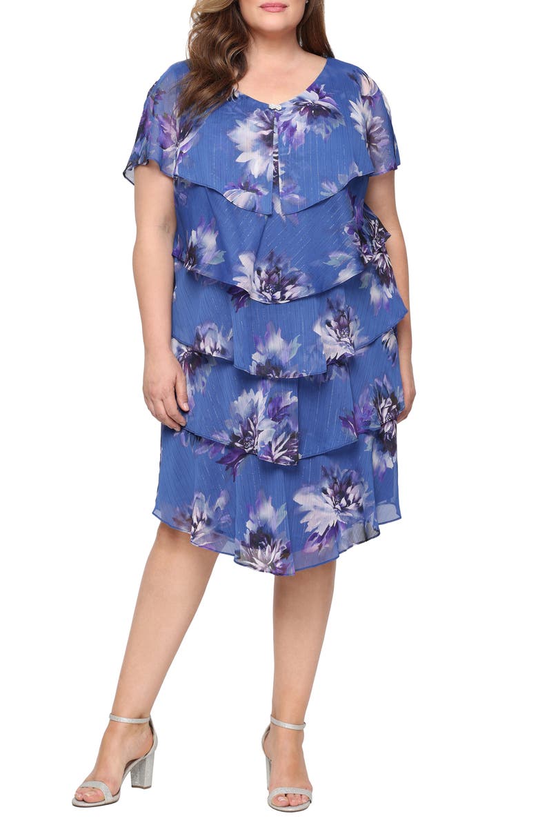 SL FASHIONS Floral Metallic Stripe Tiered Cocktail Dress, Main, color, 