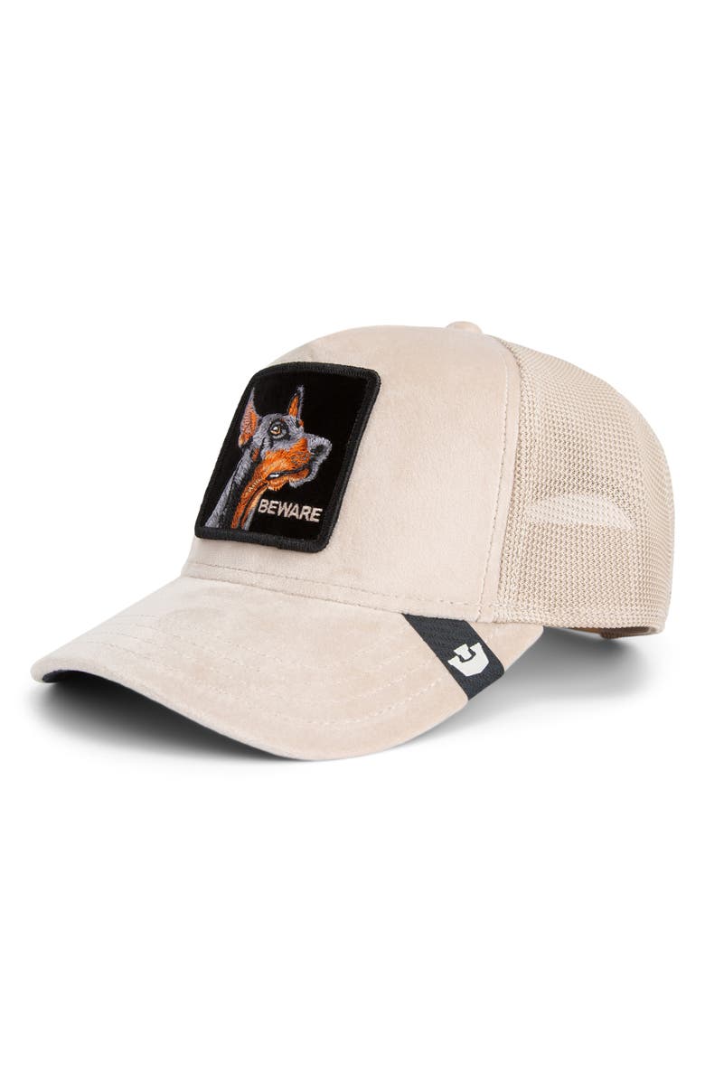 Goorin Bros. Doberman Patch Velour Adjustable Trucker Hat, Main, color, Biscuit